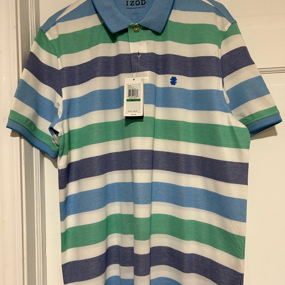 Izod Green, Blue & White Horizontal Stripe Polo
